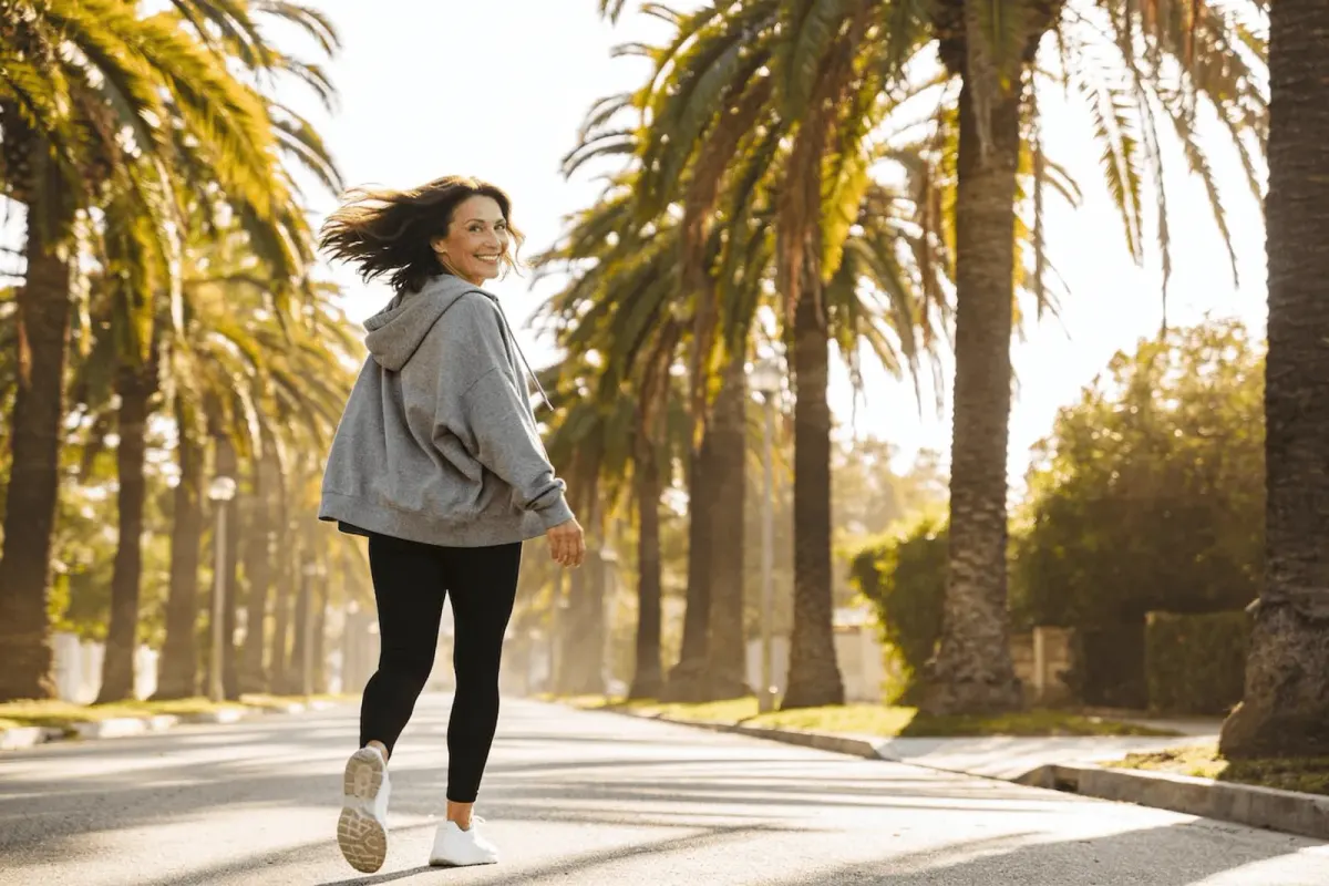 Confident woman walking down a sunlit street