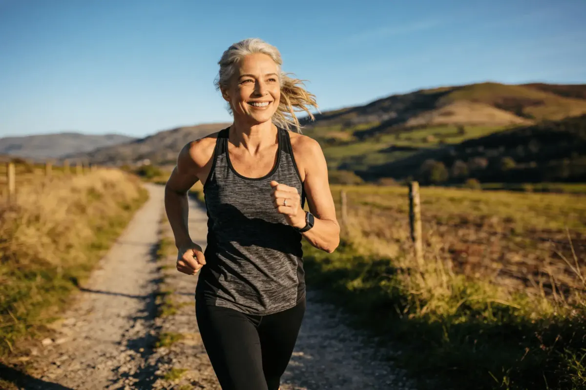 Energetic woman in her 50s jogging outdoors